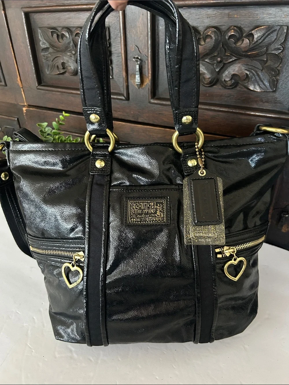 Coach Black Patent Leather Shoulder Tote with Heart Zip Pulls